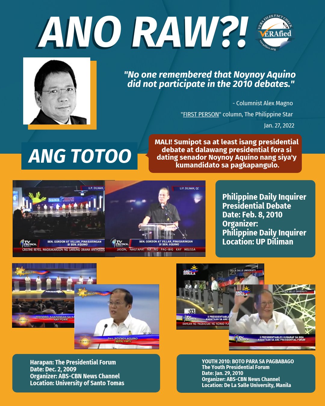 #VERAfied: Kolumnistang si Magno mali ang sinasabi na hindi sumipot si PNoy sa 2010 presidential debates