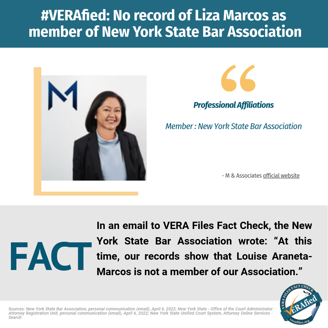 VERA FILES FACT CHECK: No record of Liza Marcos as member of New York State Bar Association