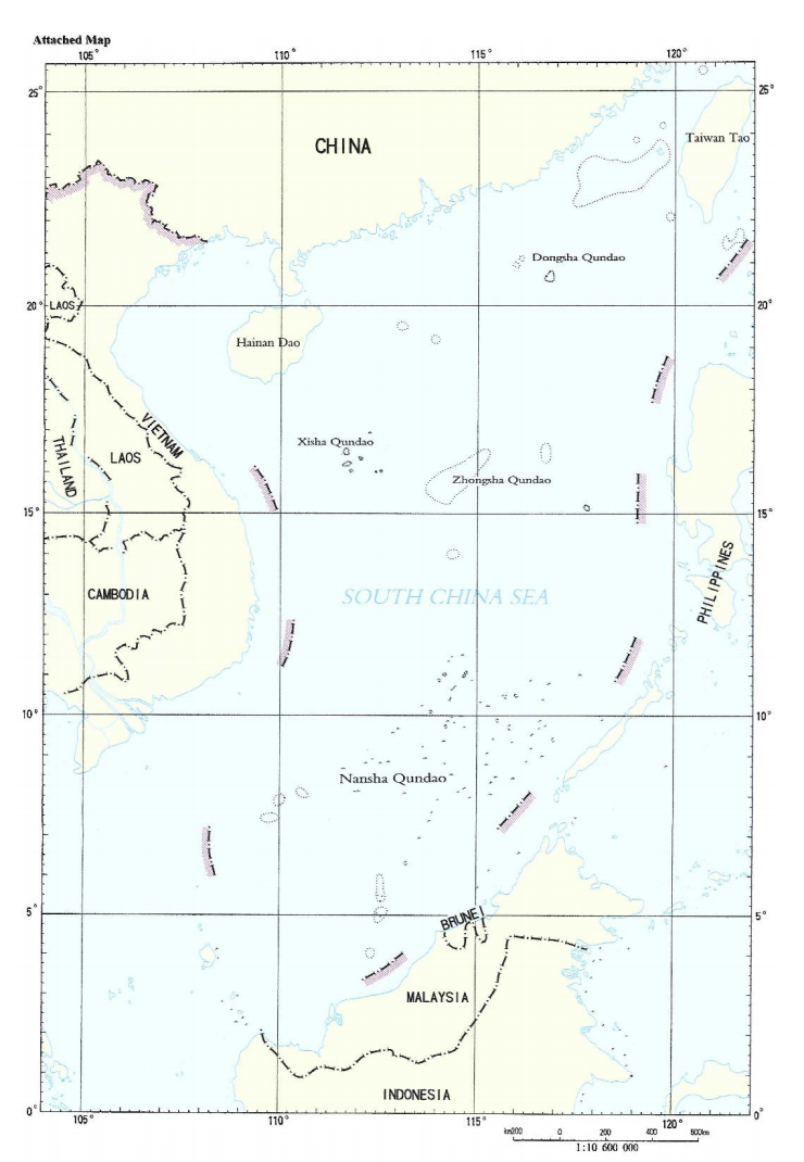 A map of China's nine-dash line covering almost the entire South China Sea, which the arbitral tribunal found to have 'no legal basis' in its 2016 ruling. Screenshot from the South China Sea Arbitral Award