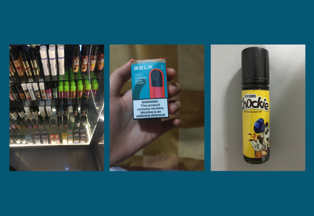 Flavors (from left to right): The flavors are seen at the eye level of children in the store, a relx pod, and a chocolate-flavored e-juice.