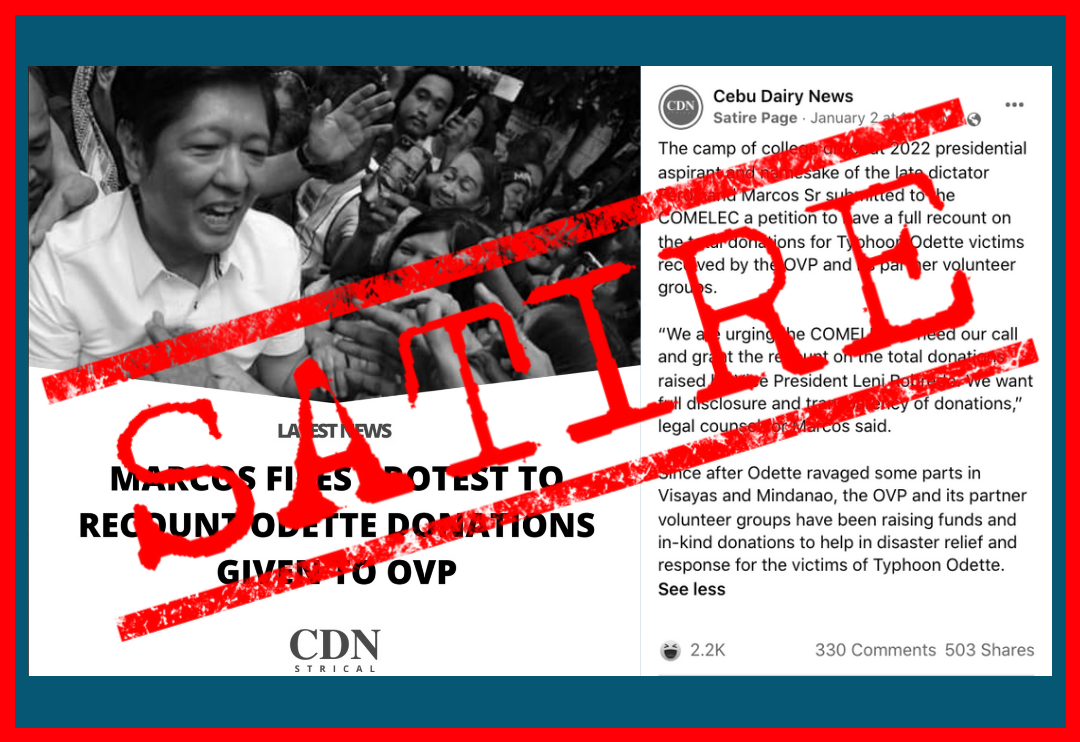 VERA FILES FACT CHECK: Marcos Jr. call for ‘recount’ of OVP’s Odette donations is SATIRE