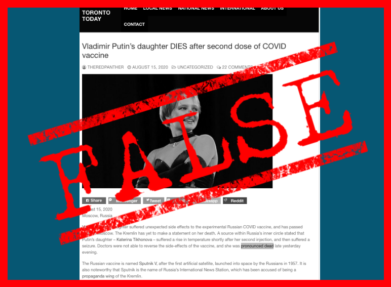 VERA FILES FACT CHECK: Report on Putin’s daughter dying from Russia’s COVID-19 vaccine NOT TRUE