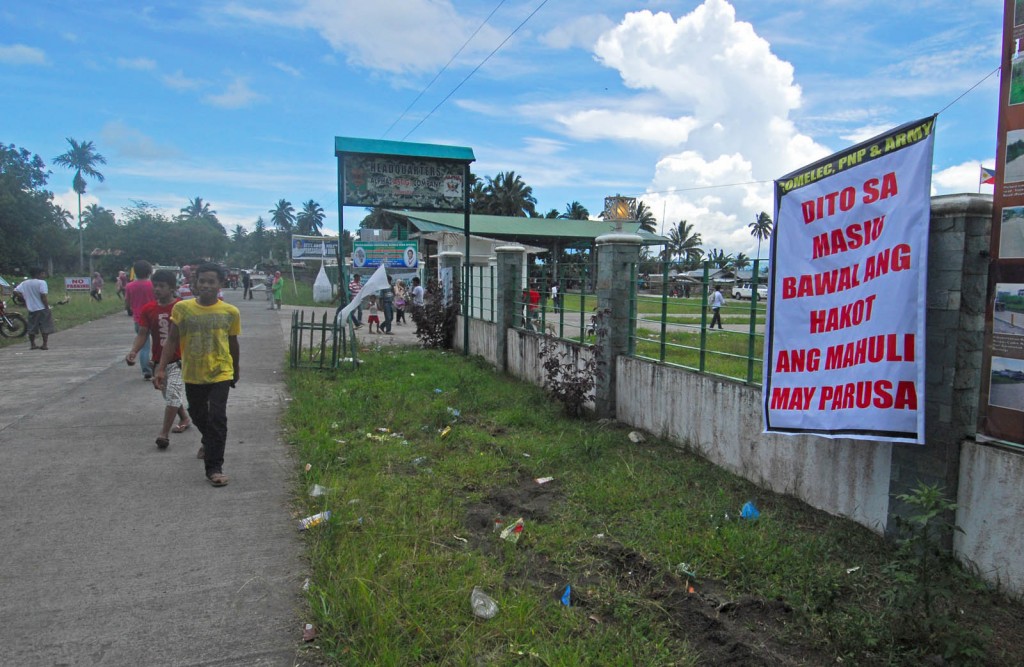 A tarpaulin outside Masiu town hall in Lanao del Sur warns violators who bring fictitious voters to registration centers. Photo by FROILAN GALLARDO, MindaNews. 
