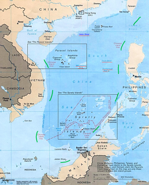 The nine-dash line (see markers in green) being claimed by the People's Republic of China.