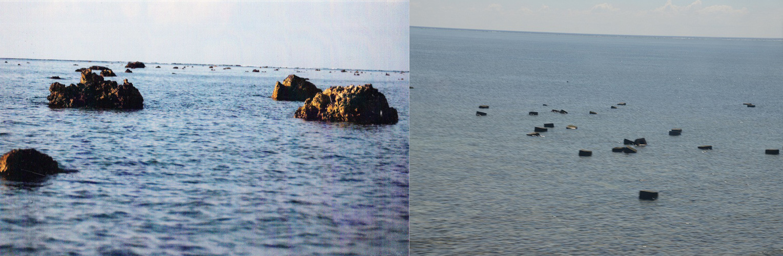 China says the objects in the sea (left photo) are rocks and corals. The Philippine Navy says they are concrete blocks (right). 