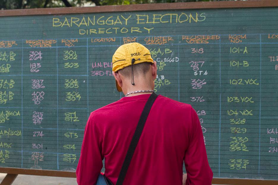 A voter in Araullo High School in Manila looks up his room number. Photo by LUIS LIWANAG