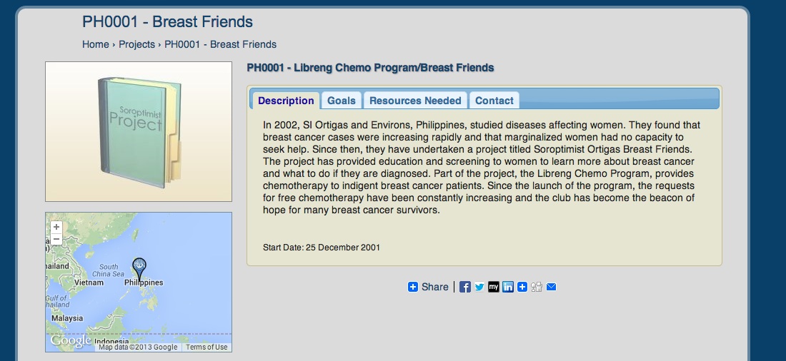 The NGO Soroptimist Ortigas offers indigent women cancer treatment through its project Breast Friends, as shown in the organization's website.