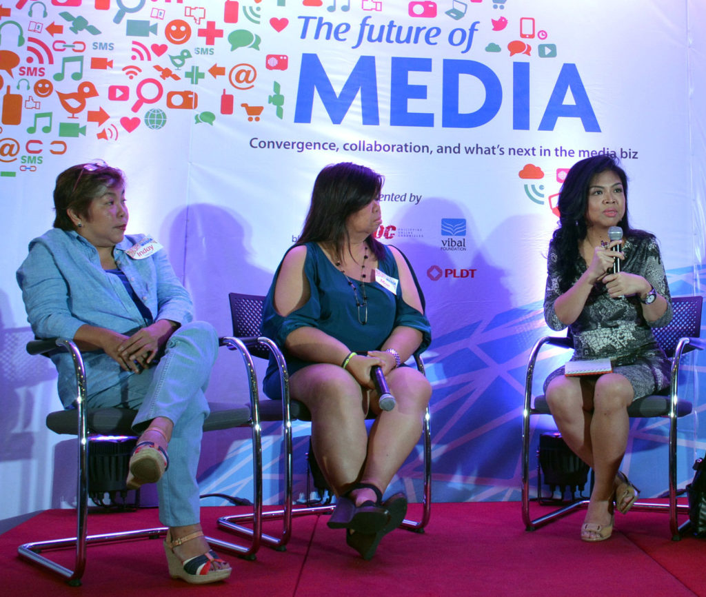 (From left) Change.org Philipines head Inday Espina-Varona, political activist Mae Paner (Juana Change), and brand architect Amor Maclang discuss the role of the traditional and new media during The Future of Media forum on April 29. Photo by JANE DASAL 