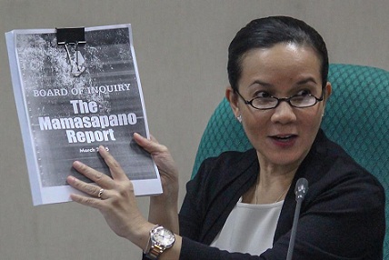 Senator Grace Poe on Tuesday presents a copy of the Philippine National Police Board of Inquiry (BOI) report and discusses the findings of the Senate committee on public order which she heads. Poe affirmed most of the BOI's findings and stressed President Aquino's responsibility on the incident. Photo: ABS-CBN News