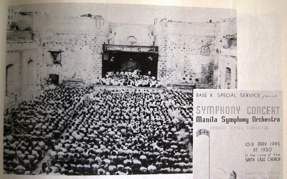 The MSO in May 1945 during its first concert at the  roofless Sta. Cruz Church after the Liberation of Manila