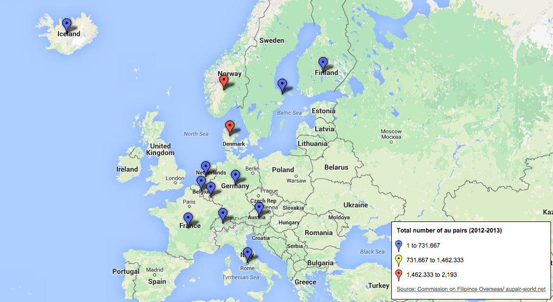 Click on this map to show the country of destination of au pairs in 2012 and 2013 based on the data provided by CFO.