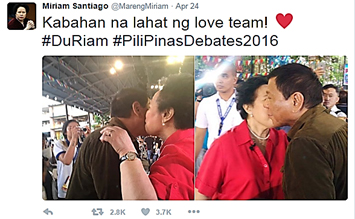 A screen capture of a tweet posted by @MarengMiriam, a Sen. Miriam Defensor-Santiago parody account, during the telecast of the last national election debates, April 24. The account has 1.1 million followers on Twitter.