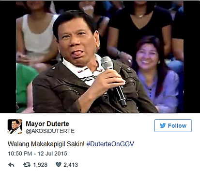 @AkoSiDuterte’s photo of Duterte sticking his tongue out with the caption “Walang Makakapigil Sakin! (no one can stop me!) #DuterteOnGGV” garnered a total of 1,928 retweets and 2,413 likes compared to @RRD_Davao’s most retweeted content with only 311.