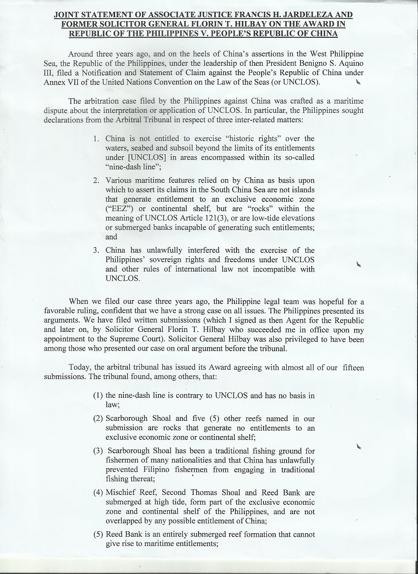 Page 1 of Joint Statement of Associate Justice Francis H. Jardeleza and former Solicitor General Florin T. Hilbay.