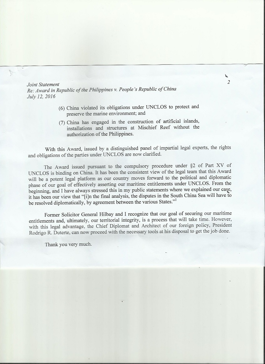 Page 2 of Joint statement of Associate Justice Francis Jardeleza and former Solicitor General Florin T. Hilbay.