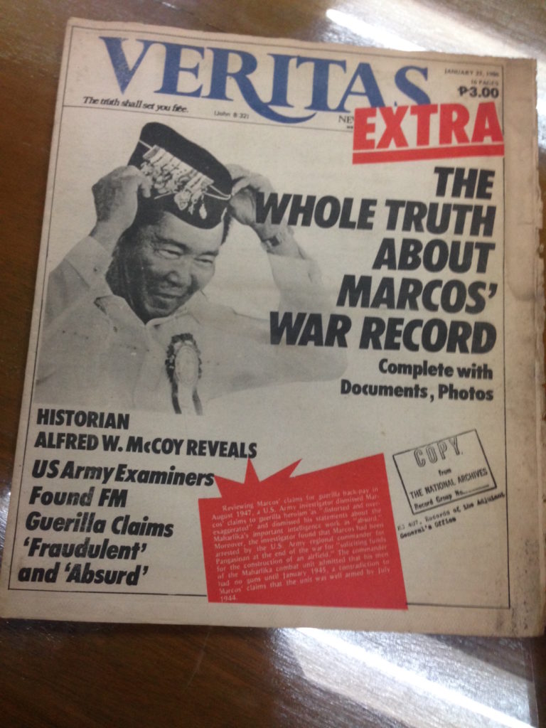 A copy of Veritas Magazine which ran the Marcos war record story in 1986, at the height of the 1986 snap election.