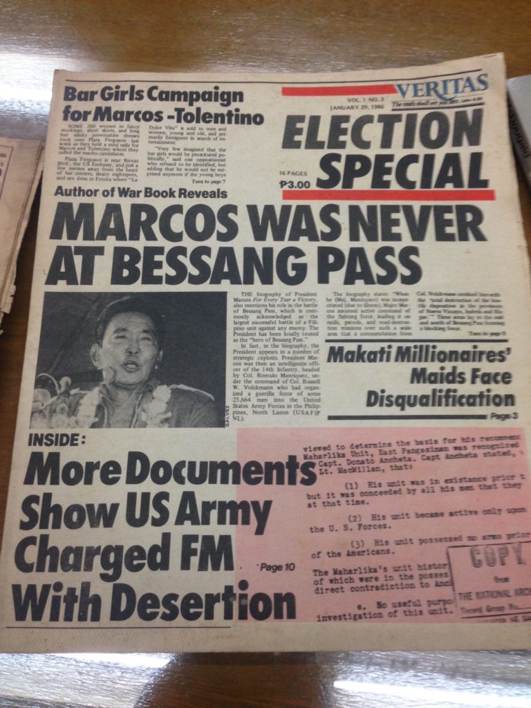 A copy of the then alternative newspaper We Forum which ran a series called “Bad Guerillas of Northern Luzon,” questioning Ferdinand Marcos’ war claims. 