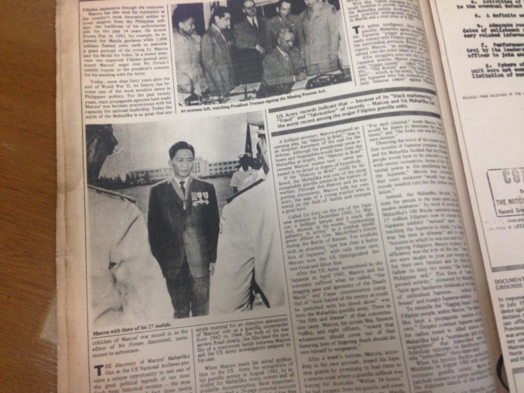 A copy of Veritas Magazine which ran the Marcos war record story in 1986, at the height of the 1986 snap election.