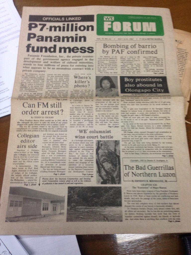 A copy of the then alternative newspaper We Forum which ran a series called “Bad Guerillas of Northern Luzon,” questioning Ferdinand Marcos’ war claims. 