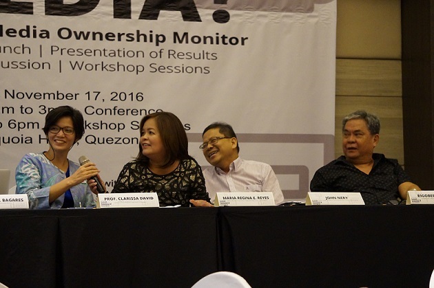 Panelists in the forum on Media Ownership in the Philippines. (L-R) Prof. Clarissa David of  the Philippine Competition Commission and University of the Philippines;  Maria Regina  Reyes, head of Integrated News and Current Affairs, ABS-CBN; John Nery, editor in chief, Inquirer.net  and Rigoberto Tiglao, Manila Times columnist and author of the book,”Colossal Deception.” 