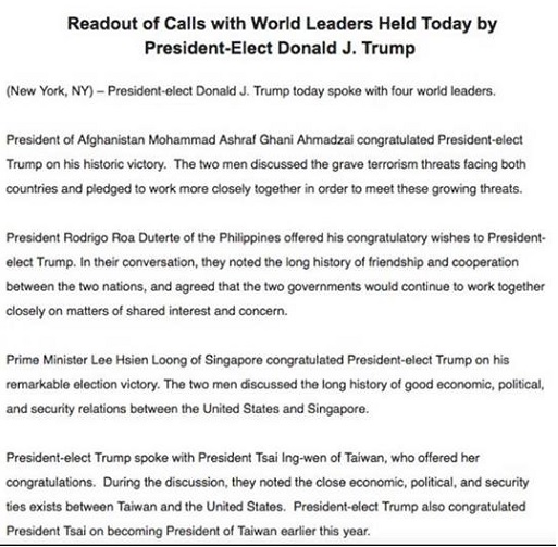 Readout of Calls with World Leaders Held Today by President-Elect Donal J. Trump