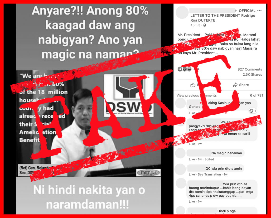 VERA FILES FACT CHECK: Post claiming 80% of 18M social amelioration beneficiaries have received aid NOT TRUE