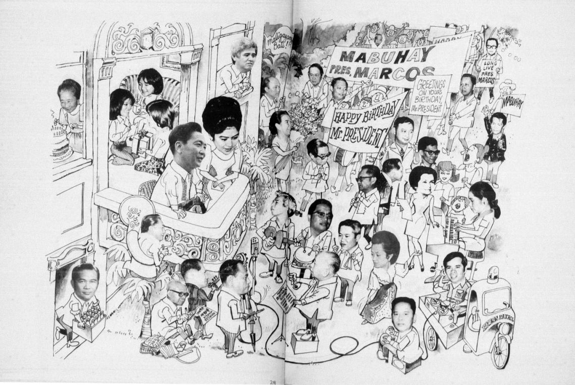 A cartoon showing members of Ferdinand Marcos's family and cabinet greeting him on his birthday. From The Leader, September 11, 1972.