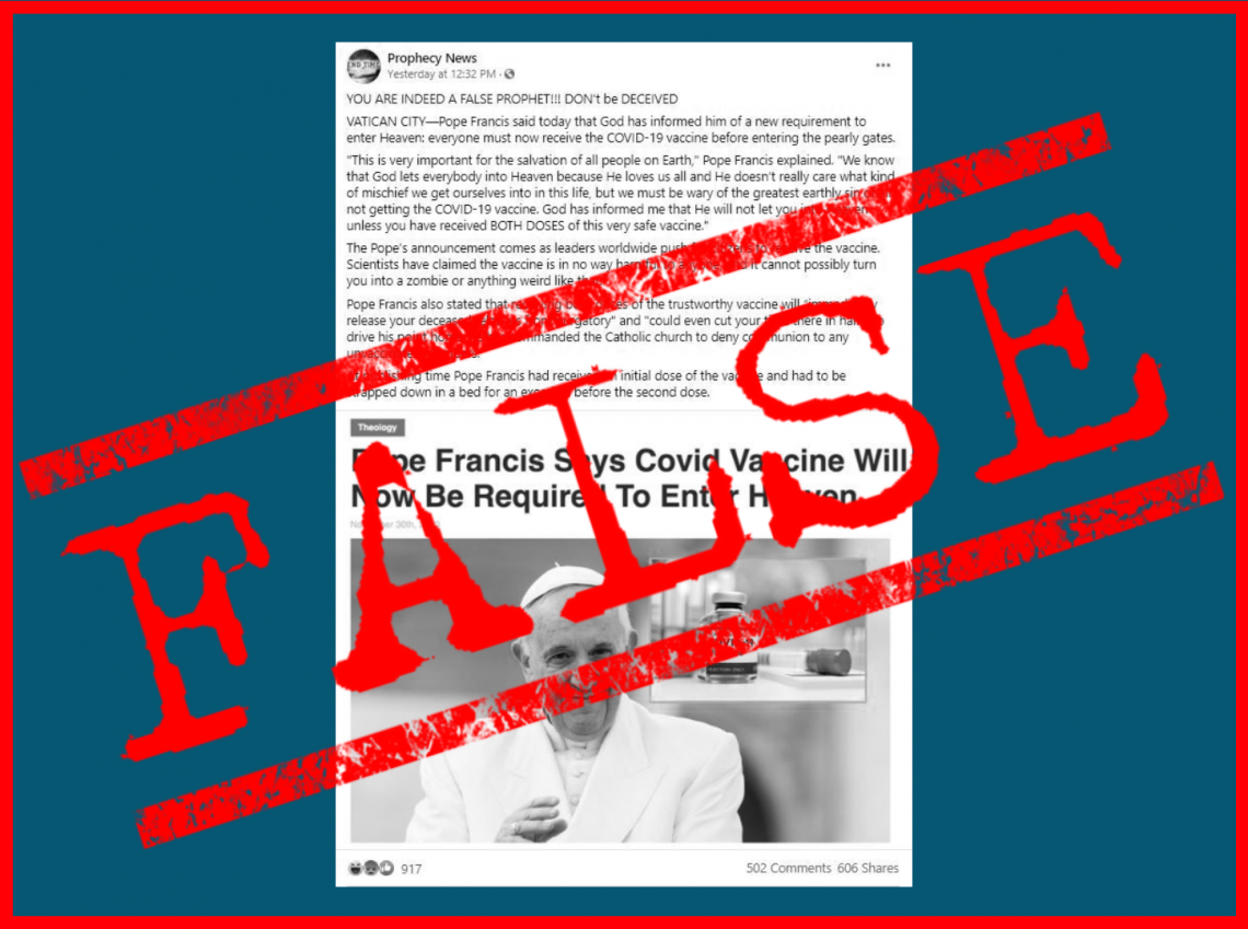 VERA FILES FACT CHECK: Satire on Pope Francis saying COVID-19 vaccine needed to enter heaven FALSELY posted as real news