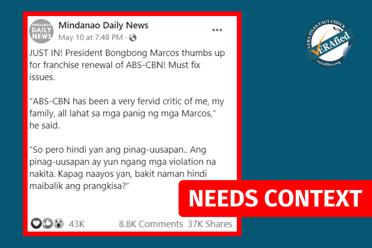 #VERAfied: Mindanao newspaper’s claim on Marcos Jr. favoring franchise renewal of ABS-CBN needs context