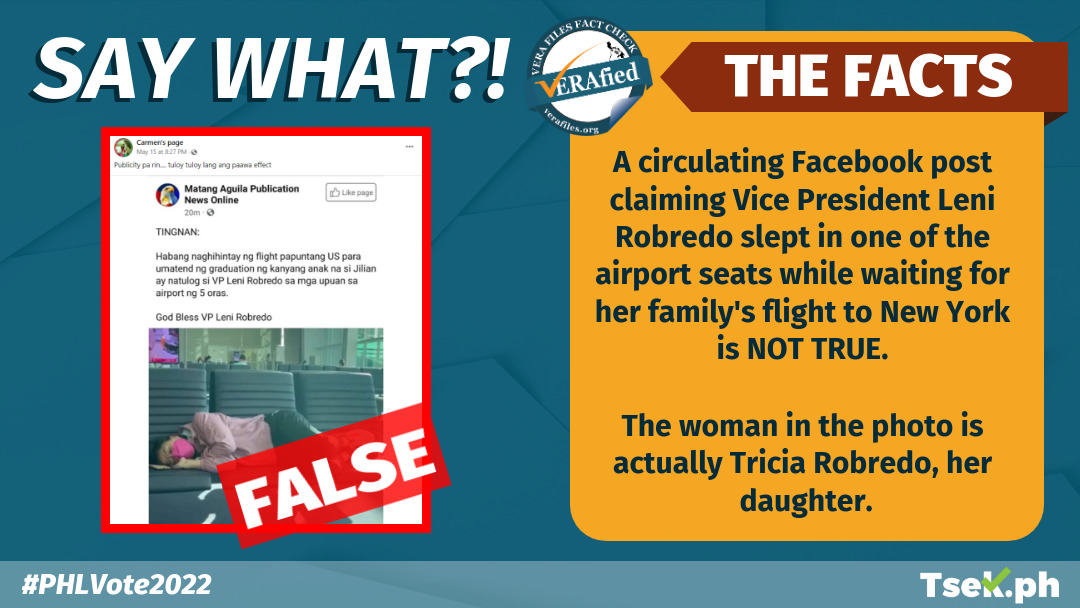 VERA FILES FACT CHECK: FALSE FB posts claim Robredo caught sleeping in airport lounge