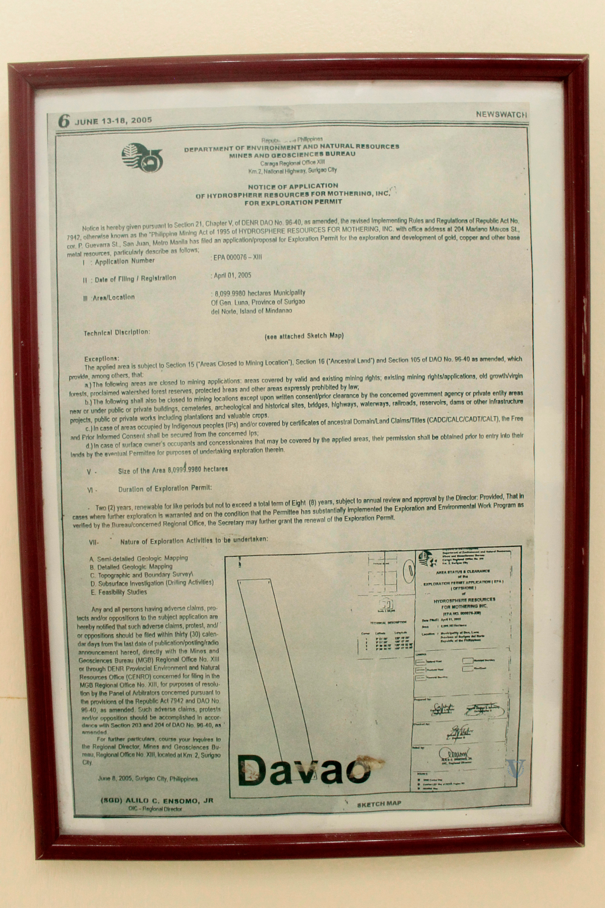 One of Hydrosphere Resources for Mothering, Inc.'s exploration permit applications, displayed at the Batac World Peace Center (photo by Judith Camille Rosette)