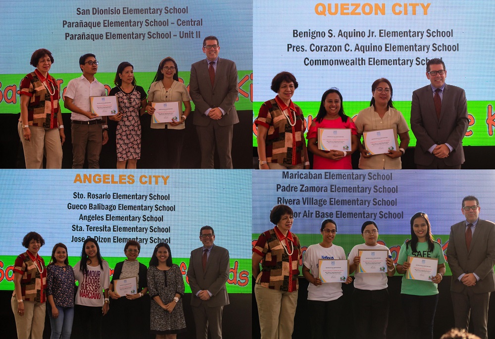 Upper left to lower right: schools from Parañaque, QuezonCity, Angeles City, and Pasay City receive their certificates for participatingin the road safety program.