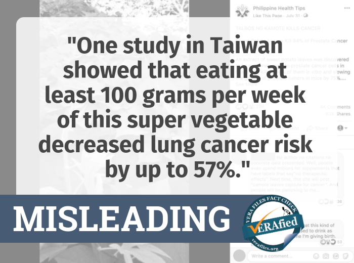 On decreasing the risk of lung cancer by 57% by eating 100g of sweet potato leaves weekly- Misleading