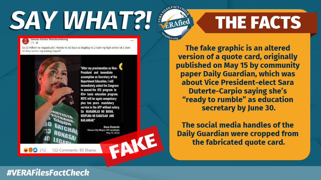 VERA FILES FACT CHECK: Sara Duterte quote on K to 14 and ROTC FAKE