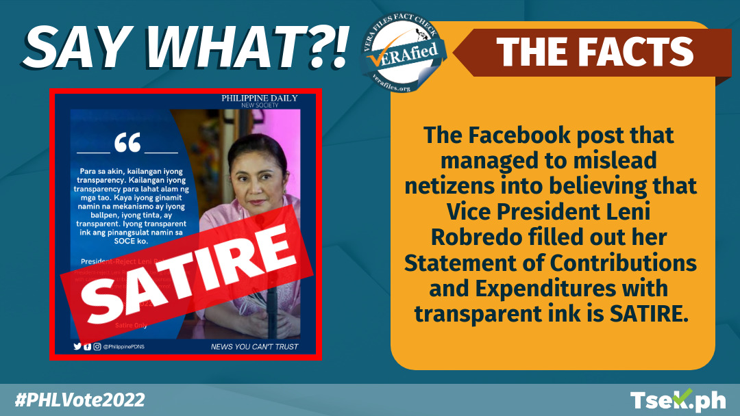 VERA FILES FACT CHECK: FB post claiming Robredo filled out SOCE with invisible ink is SATIRE