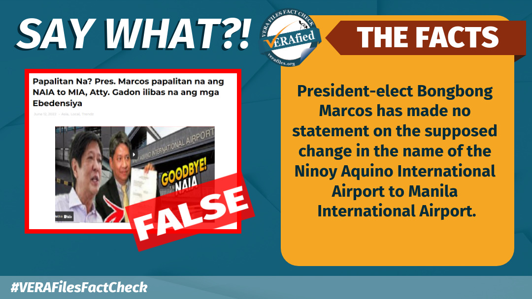 VERA FILES FACT CHECK: NAIA will NOT be renamed Manila Int’l Airport again