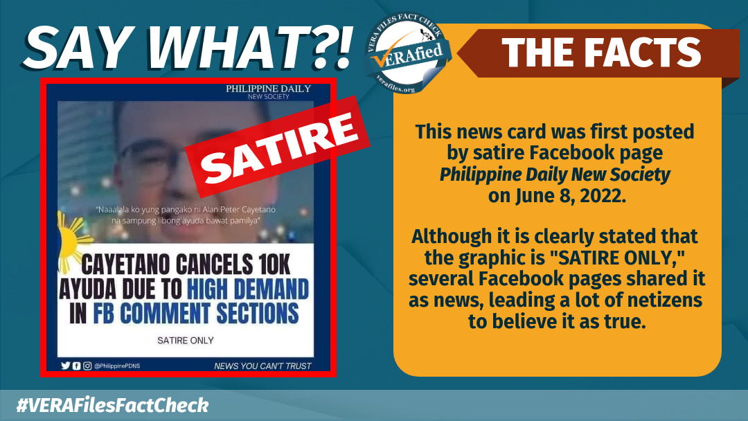 VERA FILES FACT CHECK: Netizens share SATIRICAL news card of Cayetano canceling P10K ayuda