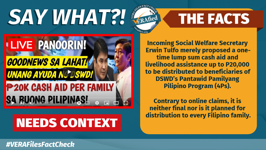 VERA FILES FACT CHECK: Tulfo’s proposed P20k cash aid NEEDS CONTEXT