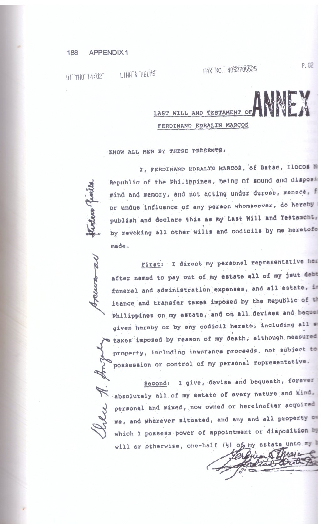 First page of a 1988 version of Ferdinand Marcos Sr.'s last will and testament, as published in Erick San Juan's book Marcos Legacy Revisited