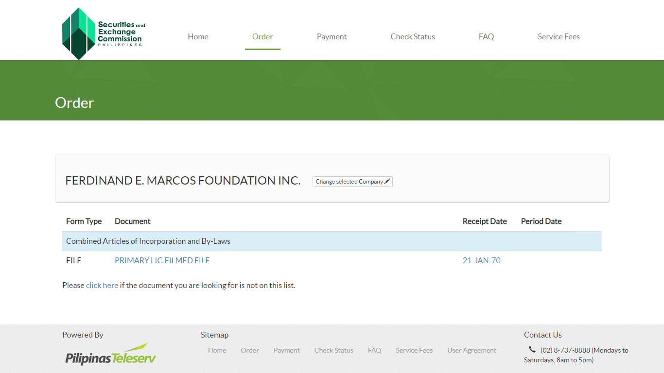Information on the Ferdinand E. Marcos Foundation, Inc. from the SEC Express website