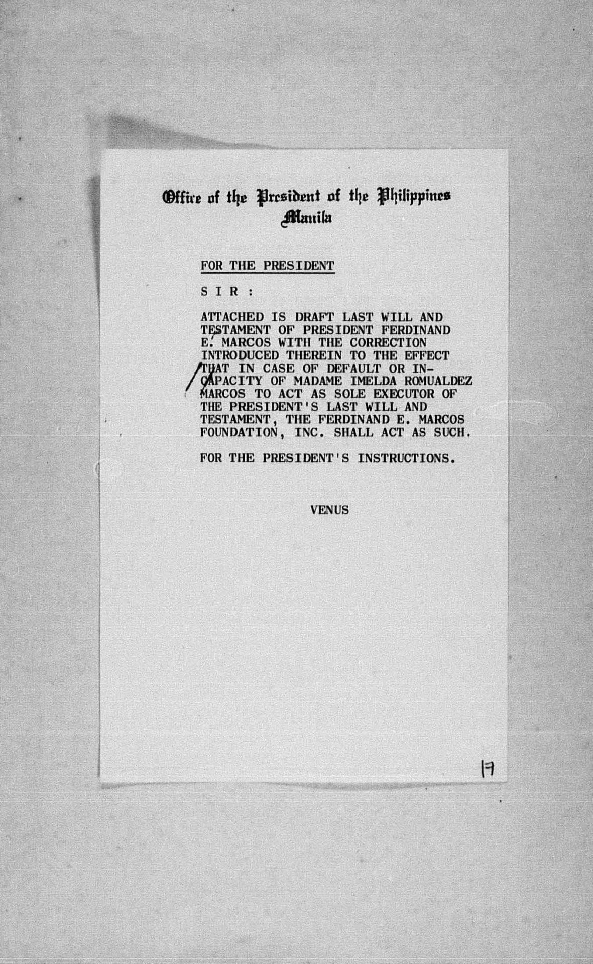 Note from Joaquin T. Venus, deputy presidential executive assistant of Ferdinand Marcos Sr., regarding a 1980 draft of his will, from the digitized files of the Presidential Commission on Good Government