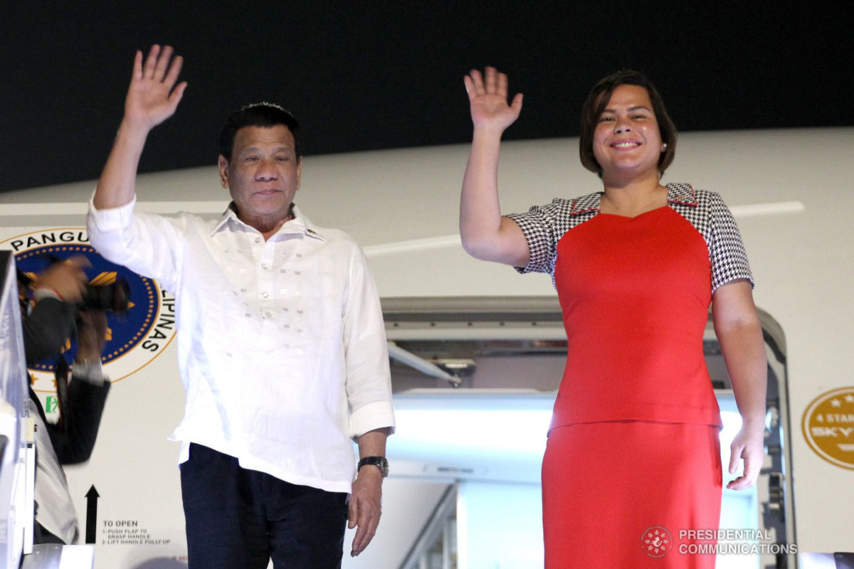 President Rodrigo Roa Duterte and daughter Davao City Mayor Sara Duterte-Carpio wave to the reception party upon their arrival at the Ben Gurion International Airport in Tel Aviv, Israel on September 2, 2018.