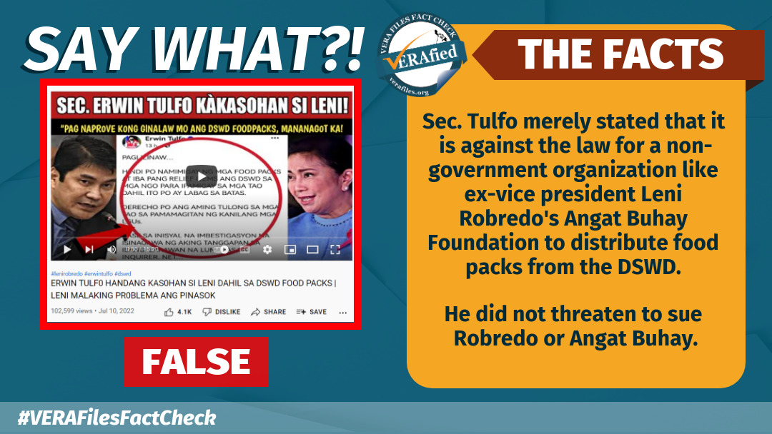 VERA FILES FACT CHECK: Video claiming DSWD Sec. Tulfo filing a case vs. Robredo over food packs FALSE