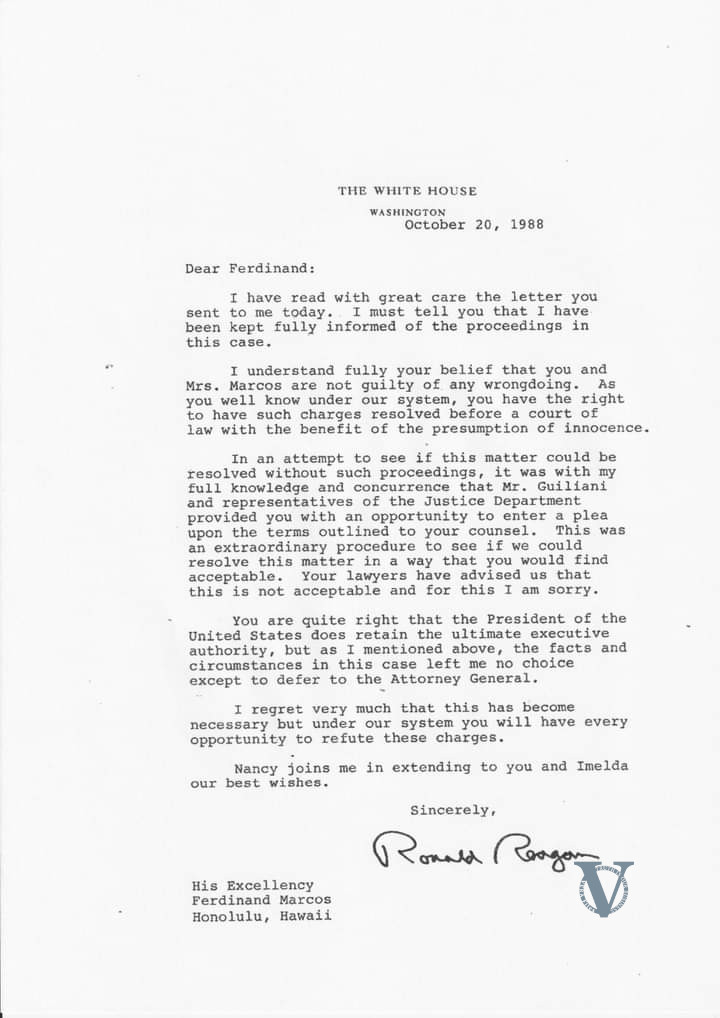 Reagan response to Ferdinand Marcos, Sr.