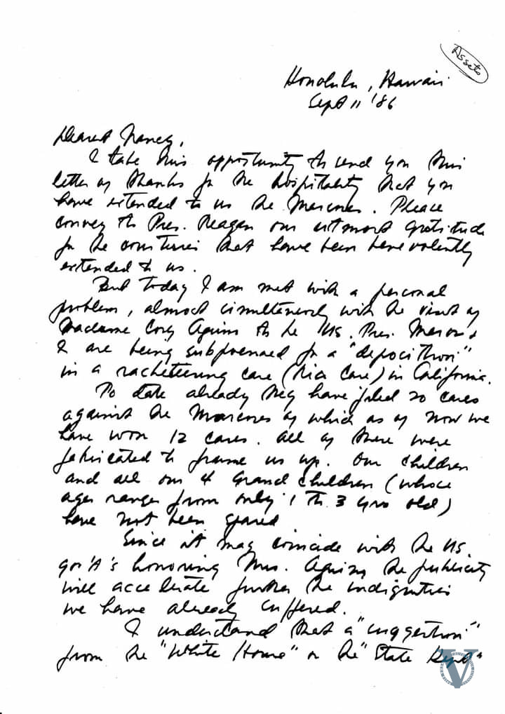 Imelda Marcos letter to Nancy Reagan