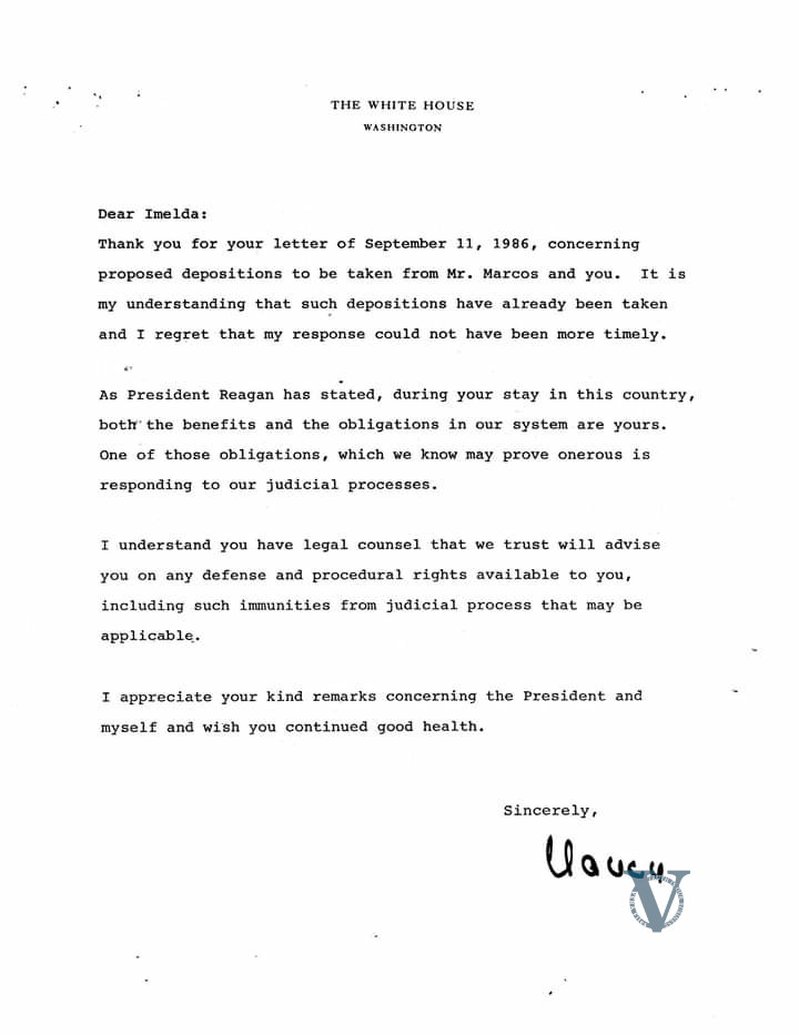Nancy Reagan response to Imelda