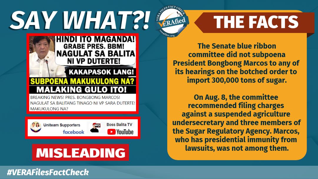 VERA FILES FACT CHECK: NO subpoena or scheme to jail Marcos from Senate