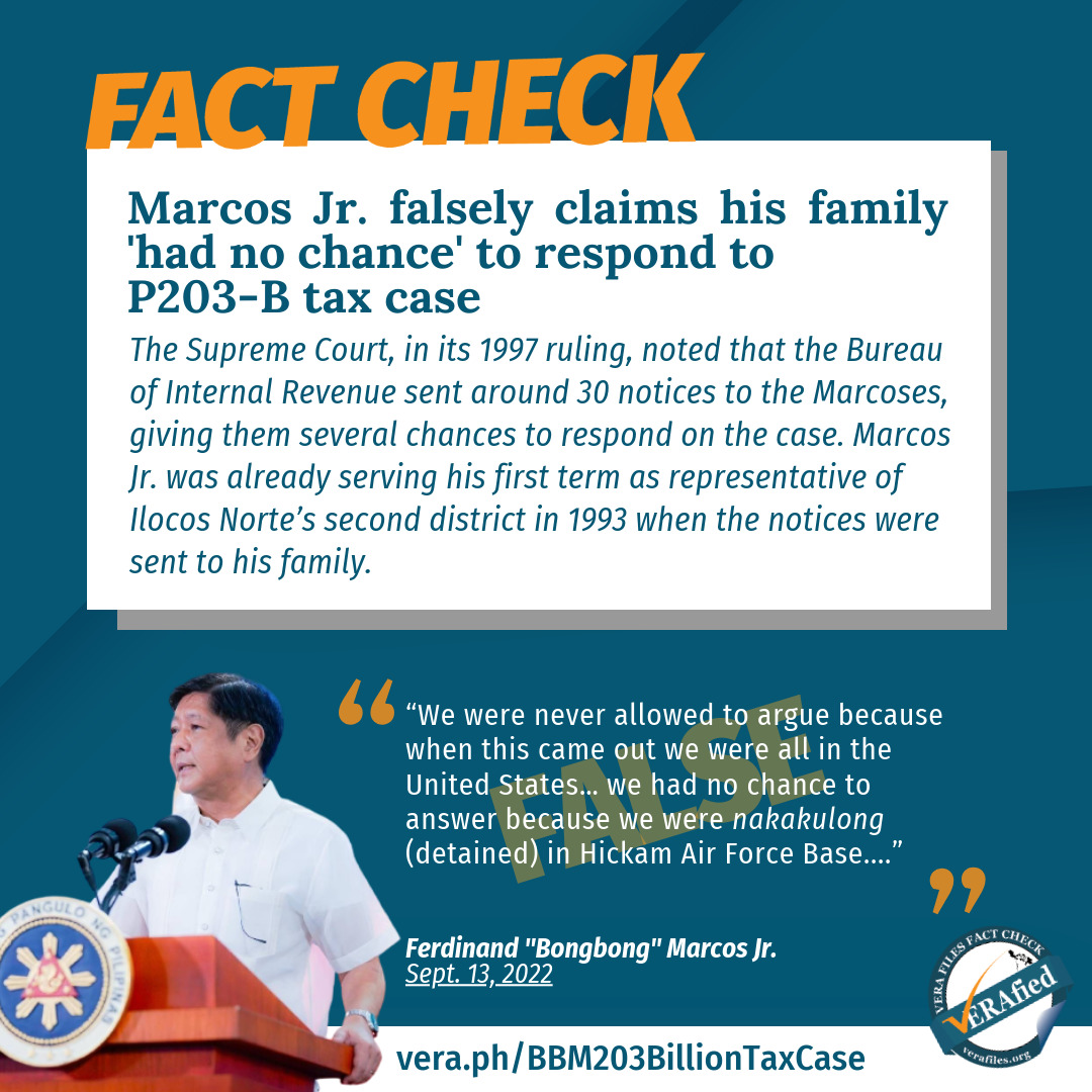 VERA FILES FACT CHECK: Marcos Jr. falsely claims his family ‘had no chance’ to respond to P203–B tax case