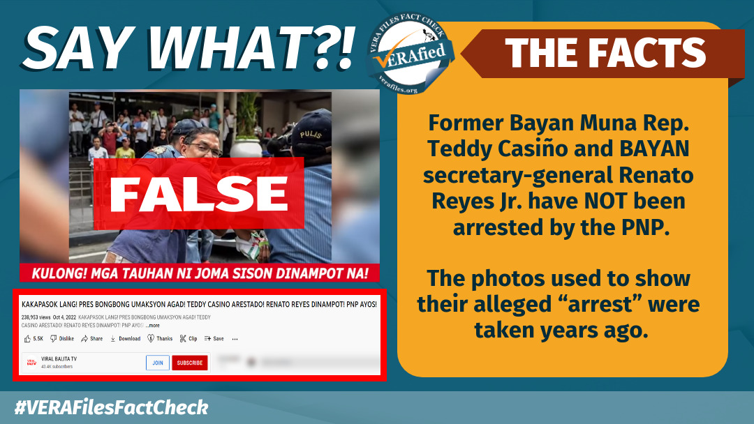 VERA FILES FACT CHECK: Teddy Casiño, Renato Reyes NOT arrested by police