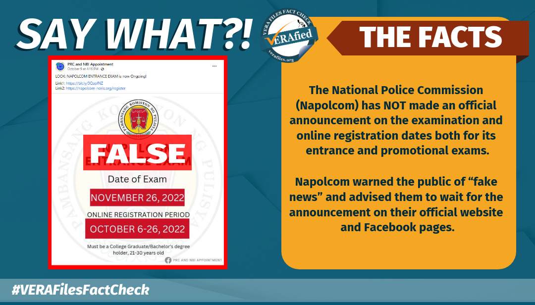 VERA FILES FACT CHECK: Circulating Napolcom entrance exam and online registration dates NOT official